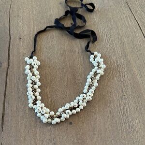 J. Crew Gold and White Pearl Necklace in Black Ribbon
